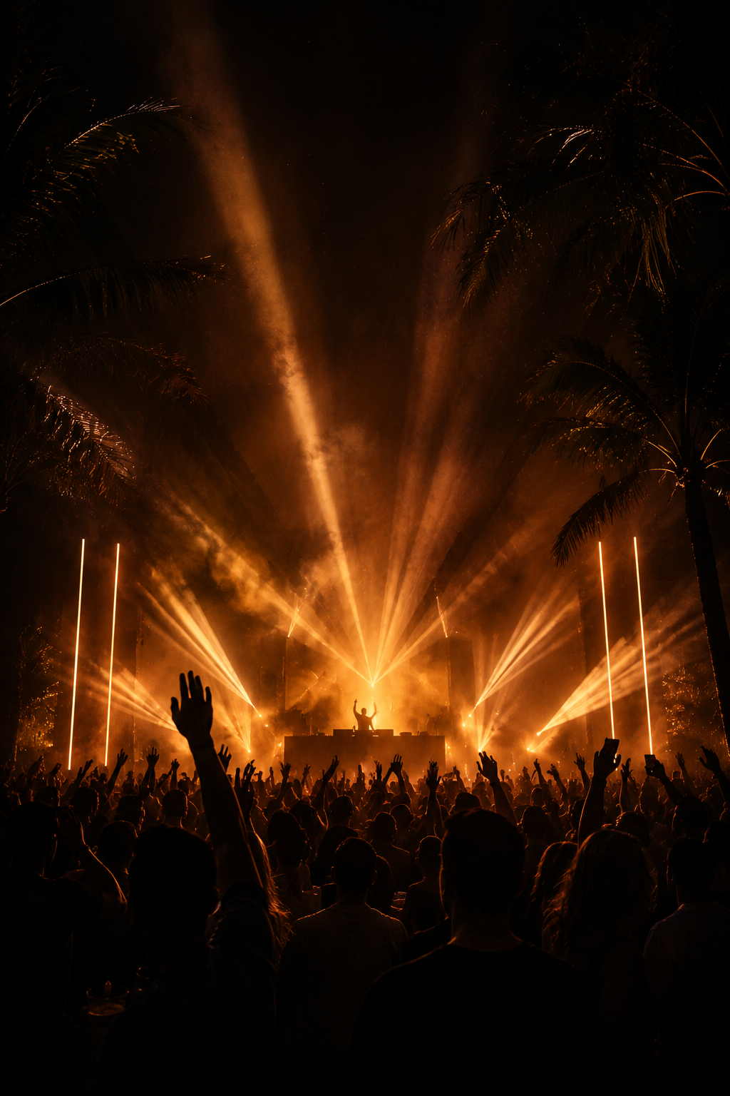 A Nomara night in full swing: silhouettes, golden light beams and palms around the DJ
